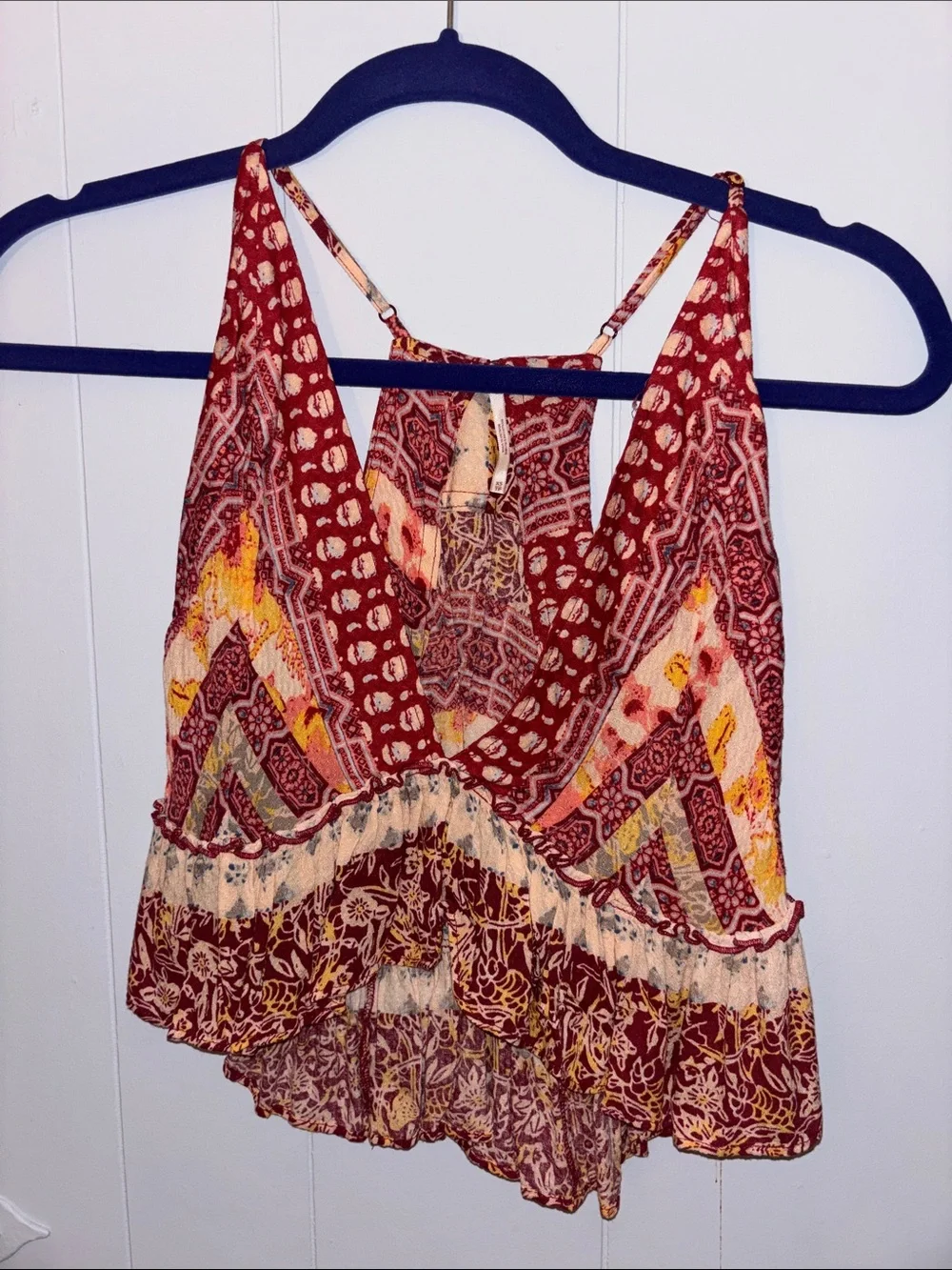 Free People Burgundy Mixed-Print Sleeveless V-Neck Tank